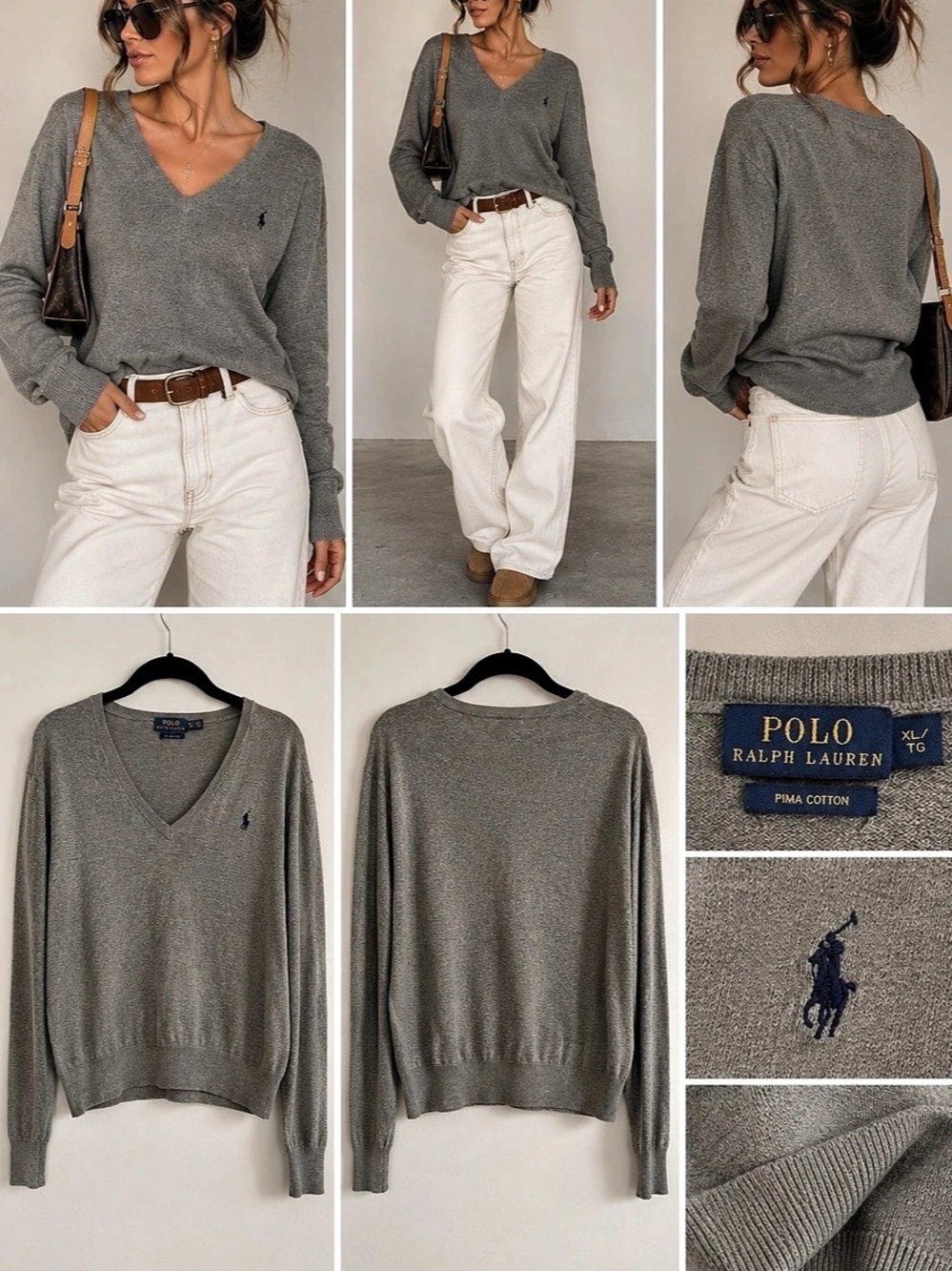 Polo Ralph Lauren Pima Cotton V-Neck Sweater Gray V-Neck Sweater Size XL